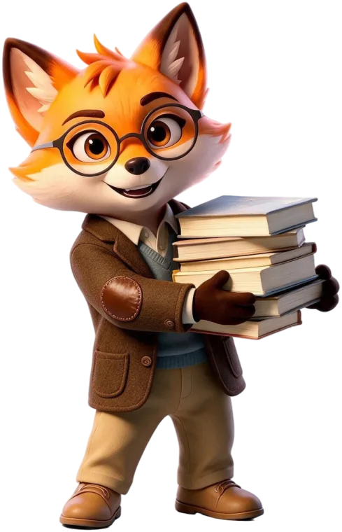 Raposinha professora segurando uma pilha de livros